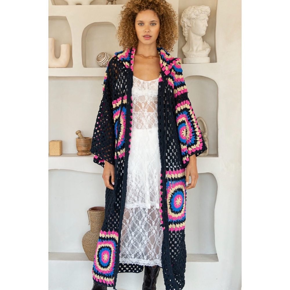 POL Black & Pink Crochet Granny Square Chenille Long Cardigan Relaxed Fit - Picture 8 of 16